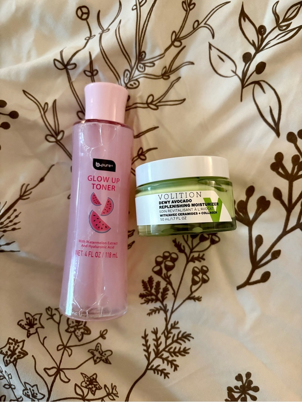 b.pure Glow Up Toner - pink | Volition Dewy Avocado Moisturizer - green